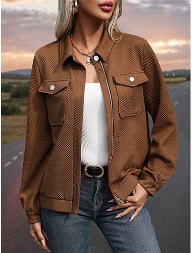 Damen Bomberjacke Outdoor Strasse Freizeitskleidung Herbst Winter Standard Mantel Regular Fit warm Atmungsaktiv Stilvoll Brautkleider schlicht Jacken Langarm Glatt Mit Taschen Full Zip Kaffee