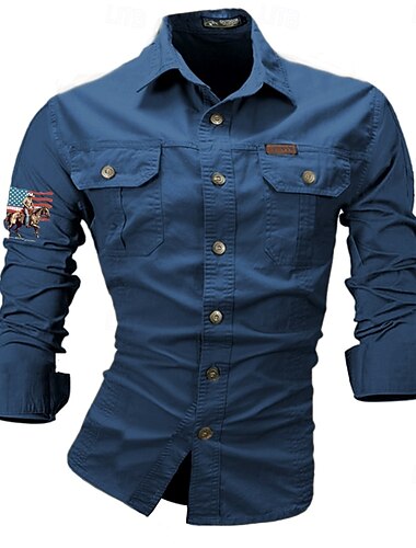  Herren Amerikanische US-Flagge Cowboy Hemd Westernhemd Cargo-Shirt Langarm Western Brautkleider schlicht Sport & Natur Ausgehen Frühling Herbst Umlegekragen Bedruckt Schwarz Weiß Armeegrün Rote Blau