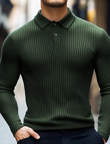  Homme Polos Haut en tricot côtelé Entreprise Casual Col polo côtelé manche longue Mode basique Couleur unie Tricot Automne Hiver Standard Blanche bleu marine Vert Véronèse Gris Polos