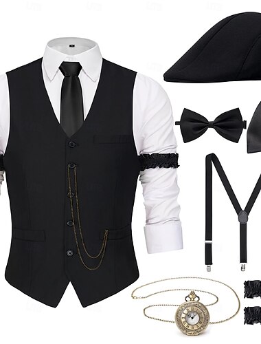  Retro Řvoucí 20s 20. léta 20. století Úbory Vesta Sada příslušenství Gentleman Gangster Pánské Karnevalový kostým 8 ks Vánoce předvečer Všech svatých Karneval Plesová maškaráda Koktejlový večírek