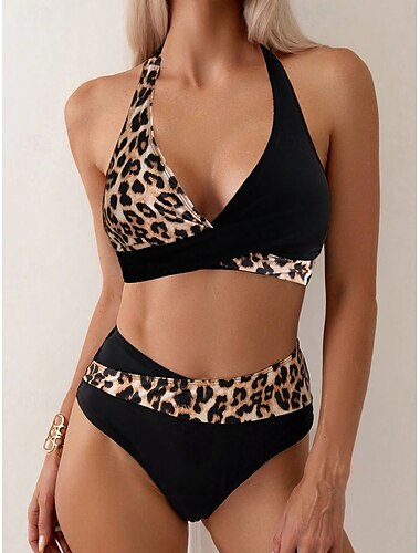  Biquíni Feminino 2 Peças Roupa de Banho Cheeky Sem Costas Férias Praia Leopardo Decote Alça Sem Mangas
