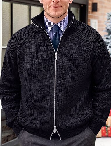  Herre Juletrøjer Cardigan Sweater Cardigan Sweater med lynlås Sweater jakke Tyk Strikke Lynlås Rillet Helfarve Stående krave Jul Strikketøj Dagligdagstøj Stævnemøde Tøj Raglan-ærmer Efterår vinter