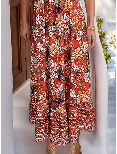  Per donna Vestito maxi Abito casual Vestito svasato Abito linea A Abito boho Informale Giornaliero Standard Floreale Manica corta A V Rosso Estate Primavera Autunno