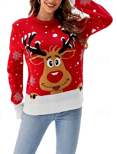  Reno Suéter navideño feo Pullover Saltador De Punto Mujer Navidad Año Nuevo Nochebuena Navidad Innovador Gracioso Adultos Navidad Cima