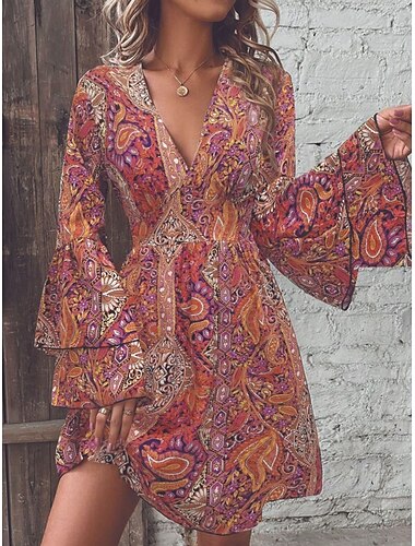  Damen Minikleid Casual kleid Schaukelkleid A Linie Kleid Boho-Kleid Böhmen Vintage Brautkleider schlicht Täglich Regular Fit Blumen Paisley-Muster Langarm V Ausschnitt Rote Blau Regenbogen Sommer