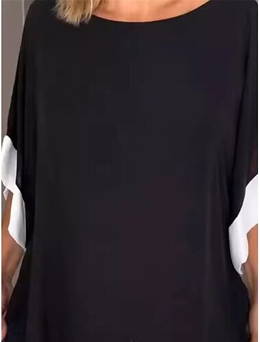  Femme Chemise Chemisier Couleur unie basique Décontractées Demi Manches Col Ras du Cou Hauts réguliers du quotidien Patchwork Noir Eté Printemps