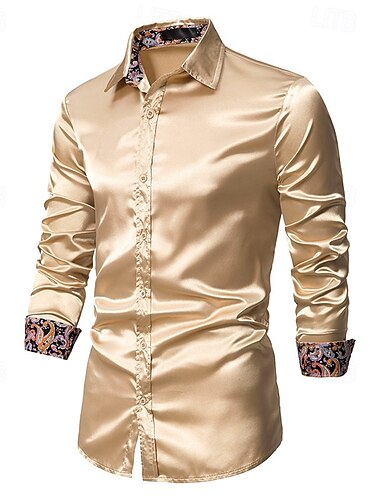  Herren Hemd Satinhemd Lässiges Hemd Knopfhemd Paisley-Muster Hochzeit Urlaub Schwarz Champagner Marineblau Langarm Kragen Frühling & Herbst Bekleidung