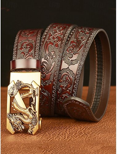  brauner Herrengürtel aus Leder mit geprägtem Drachendesign und goldener Schnalle – Vintage-Stil, perfekt für formelle und legere Kleidung