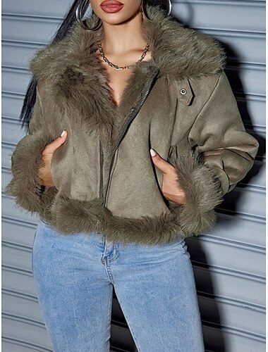  Damen Wintermantel Outdoor Strasse Freizeitskleidung Herbst Winter Kurz Mantel Regular Fit warm Atmungsaktiv Stilvoll Brautkleider schlicht Jacken Langarm Glatt Kunstpelzbesatz Grün