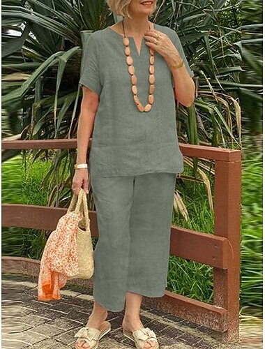  Női Pamuk Blend Vászon ihletésű szettek Kétrészes szettek Vászon nadrág Rövid ujjú Tömör szín Fehér Narancssárga Lóhere Nyár Normál