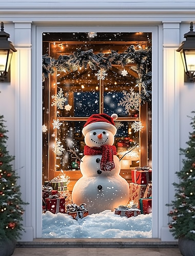  クリスマスドアデコレーション、ドアカバー、クリスマススノーマンドアタペストリー、ドアカーテンデコレーション背景、屋内/屋外ドアバナー、玄関ドア用、農家のホリデーパーティー装飾用品