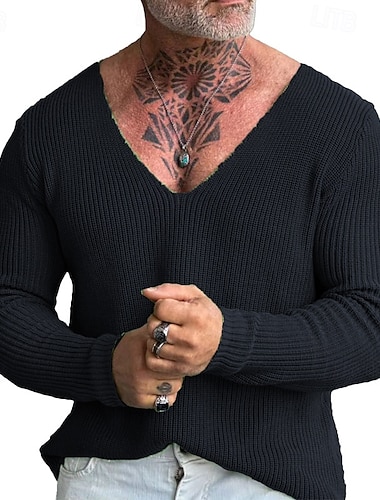  Hombre Suéter de punto Estriado Tejer Regular De Punto Plano Escote en Pico Moda Básico Ropa Cotidiana Cita Ropa Otoño invierno Negro Azul Piscina S M L