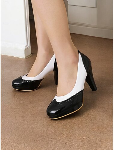  Zapatos de tacón alto en blanco y negro de estilo vintage para mujer con detalles brogue, elegantes zapatos de vestir para ocasiones formales