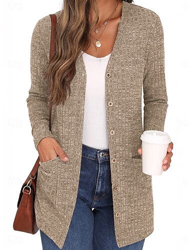  Damen Pullover Strickjacke Brautkleider schlicht Weich Einfarbig Gerippt V Ausschnitt Knopf Tasche Strick Langarm Normale Oberteile Stricken Outdoor Täglich Wochenende Pudriges Rosa Khaki Herbst