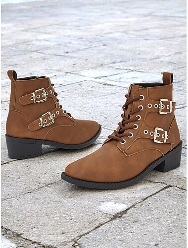  braune Damen-Schnürstiefeletten – stylische Combat Boots mit doppeltem Schnallenriemen und niedrigem Blockabsatz für den Alltag und die Freizeit