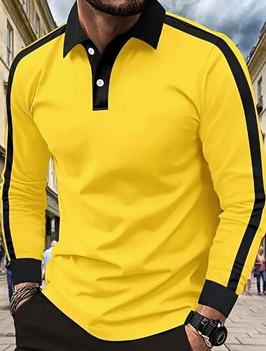  Homme Chemise de golf Polos de Golf Occasionnel Travail Revers manche longue Basique Moderne Bloc de Couleur Patchwork Boutons Printemps & Automne Coupe régulière Jaune Chemise de golf