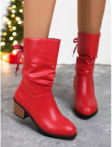  Rote Damenstiefeletten aus Kunstleder mit Schleifendetail und Blockabsatz – festliches Winterschuhwerk für Weihnachten und Partys