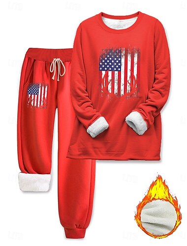  Damen 2-teiliges tägliches Sweatshirt Fleece-Hosen langärmlig Rundhals Grafik Kordelzug Druck lässig schwarz rot grau Herbst normale Passform