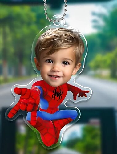  Gepersonaliseerde Foto Hangornamenten Aangepaste Spider Superheld Kind Gezicht Acryl 2D Kerstboom Ornamenten Hangachtige Auto Pendant Cadeaus voor Superheld Fans