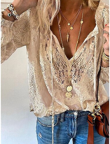  Damen Weiße Elegante Spitzen Tops Boho Tops Loch Sexy Bluse Lässige Einfarbige Reguläre Tops Lange Ärmel V-Ausschnitt Reguläre Passform Täglich Weiß Rosa Khaki Romantische Petite Tops Sommer Urlaub
