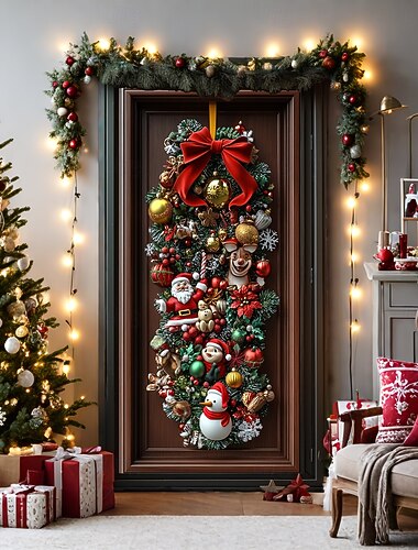  bannière de noël décorations de porte de Noël, couvre-portes, couronne, père Noël, bonhomme de neige, renne, tapisserie de porte, , décoration, toile de fond, bannière de porte intérieure/extérieure