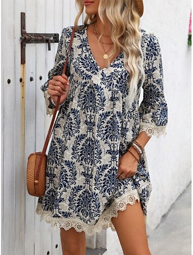 Pentru femei Rochie Mini Rochie casual Rochie Boho Casual Zilnic Fit regulat Floral Lungime Manșon 3/4 În V Roșu Vin Albastru piscină Trifoi Vară Primăvară Toamnă