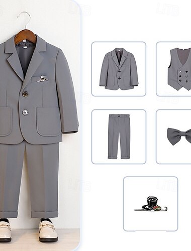  5 Stück Ring-Träger Anzug Jungen kinderkleidung Anzug Formeller Anzug Blazer & Weste & Hosen & Brosche & Krawatte Formal Party Modisch Cool Feste Farbe Tasche Blau Beige Grau Polyester