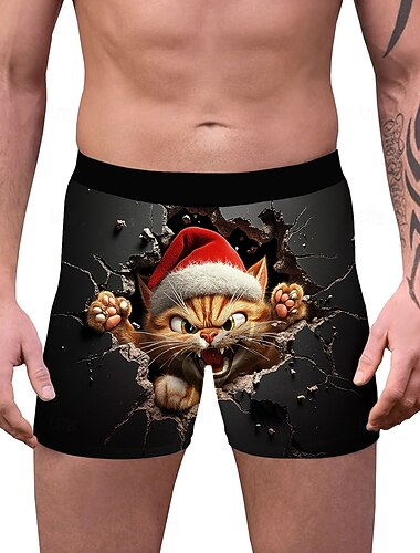  Chat Sapins de Noël Pyjama de Noël Boxer Short Sous-Vêtements cadeau de Noël Homme Drôle Noël Motif Adultes Noël Nouvel An la veille de Noël Noël Soirée