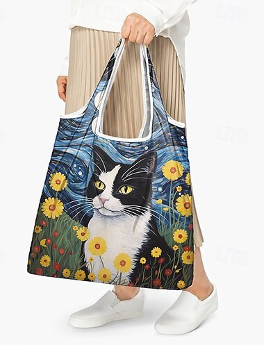  Künstlerische Katzen-Tragetasche für Damen mit Blumen- und Sternennacht-Design – umweltfreundliche, wiederverwendbare Einkaufstasche für Katzenliebhaber