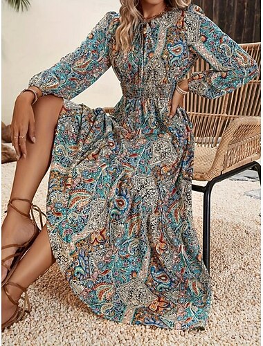  Damen Maxidress Casual kleid Schaukelkleid A Linie Kleid Boho-Kleid Böhmen Vintage Ethnisch Täglich Regular Fit Paisley-Muster Langarm Rundhalsausschnitt Blau Sommer Frühling Herbst