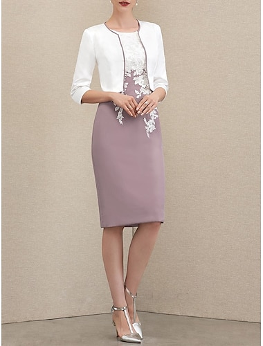  Twee Delige Korte  Kolom Jurk Sets Moeder van de Bruid Jurk Bruidsgast Sieraad Hals Knie Lengte Chiffon Satijn Kant 3/4 Lengte Mouw Jas Jurken met Aplicaties Derby Jurk Race Dag Jurk 2025