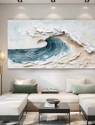  キャンバスに描かれた青い海の波の絵画、手作りのインパストテクスチャ絵画、デザイナーの穏やかなキャンバスアート、手作りの選択、リビングルーム用のミニマリストの波の絵画、現代アートの絵画、壁のアートワーク