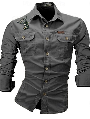  Herren Hirsch Hemd Westernhemd Cargo-Shirt Langarm Brautkleider schlicht Sport & Natur Ausgehen Winter Frühling & Herbst Umlegekragen Bedruckt Schwarz Weiß Armeegrün Rote Blau