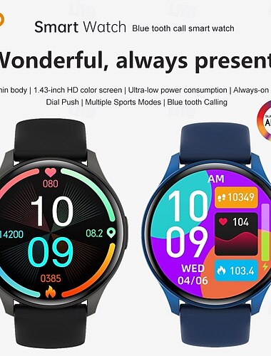 696 ZW60 Reloj inteligente 1.43 pulgada Pulsera inteligente Bluetooth Podómetro Recordatorio de Llamadas Seguimiento del Sueño Compatible con Android iOS Mujer Hombre Llamadas con Manos Libres