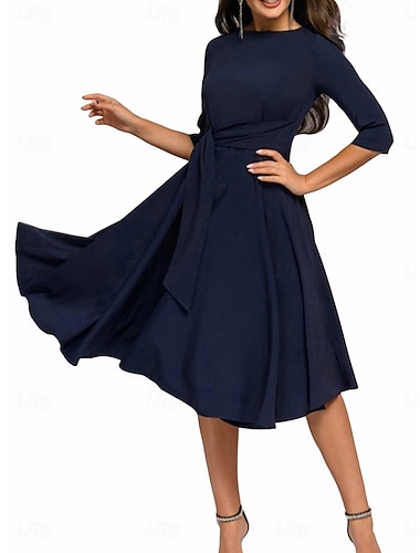  Damen Midikleid schwarzes kleid Vintage-Kleid Cocktailkleid Kleid für Hochzeitsgäste Elegant 1950er Täglich Ausgehen Einfach Dreiviertelarm Rundhalsausschnitt Dunkelgrün Marineblau