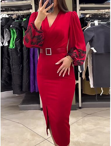  Damen Casual kleid Midikleid Patchwork Mit Gürtel Brautkleider schlicht V Ausschnitt Langarm Rote Farbe