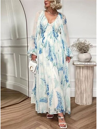  Damen Blumen V-Ausschnitt Maxikleid Langarm Sommer Frühling