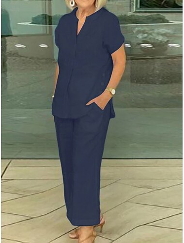  Damen Hemd Baumwoll-Leinen-Sets Zweiteilige Sets Leinenhosen Kurzarm Einfarbig Marineblau Blau Grau Sommer Normale Passform