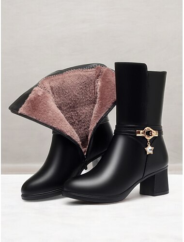  bottes d'hiver mi-mollet en similicuir noir pour femme, doublées de fourrure, avec breloque étoile et talons blocs - des chaussures élégantes et chaudes pour le temps froid