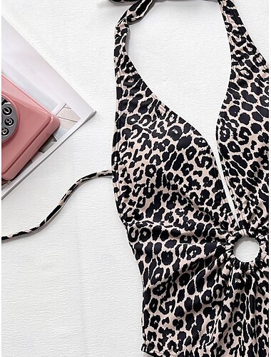  Damen Badeanzug Ein Stück Monokini Bademode Rückenfrei Bauchkontrolle Hohe Taillenlinie Schlank Urlaub Strandbekleidung Leopard Halfterhals Ärmellos Badeanzüge