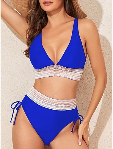  Damen Badeanzug Bikinis 2 Stück Unterhosen Bademode Rückenfrei Patchwork Hohe Taillenlinie Schlank Urlaub Strandbekleidung Feste Farbe V Ausschnitt Ärmellos Badeanzüge