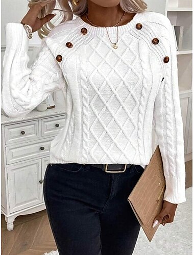  Femme Pull Chandail Décontractées Flexible Couleur monochrome torsadé Col Ras du Cou Boutons Tricoté manche longue Hauts réguliers Tricoter Extérieur du quotidien Fin de semaine Noir Blanche Automne