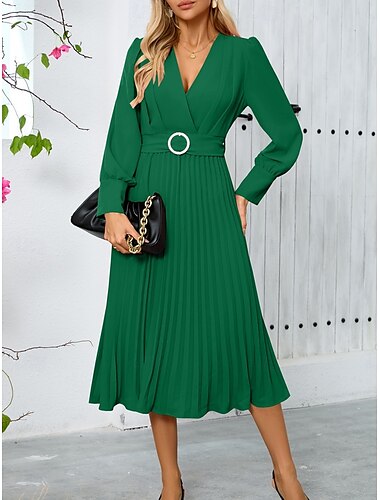  Damen Casual kleid Midikleid Angeschnallt Brautkleider schlicht V Ausschnitt Langarm Schwarz Grün Farbe