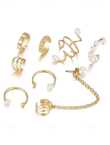  stylisches goldenes Ear Cuff Set mit Perlen und Kette für Damen – trendiger Ohrschmuck ohne Piercing für Knorpel und Ohrläppchen, perfekt für Partys und den Alltag