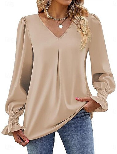  Women's Shirt Blouse Solid Color Basic Casual Long Sleeve V Neck Regular Tops Daily Red Fuchsia Khaki Fall Winter