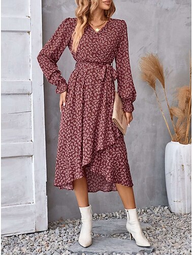  Women's Floral V Neck Midi Dress Long Sleeve Summer Spring