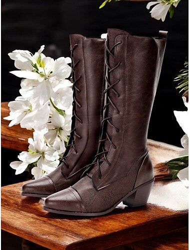  Damenstiefel im viktorianischen Vintage-Stil zum Schnüren – zweifarbige Stiefel aus Kunstleder bis zur Mitte der Wade mit klobigem Absatz, perfekt für Cosplay, Festivals und Renaissance-Messen