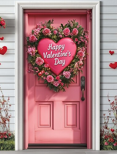  décorations extérieures de la Saint-Valentin, couvre-portes, tapisserie de porte, rideau de porte, décoration, toile de fond, bannière de porte intérieure/extérieure pour porte d'entrée, couronne de