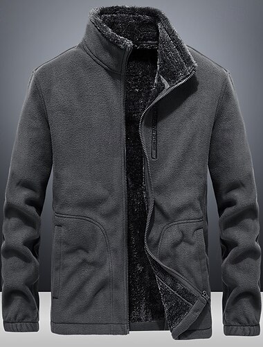  Men's Winter Jacket Fleece Jacket Casual Jacket Vacation Daily Thermal Warm Pocket Fleece Fall & Winter Plain Fashion Streetwear Stand Collar Regular Black Dark Blue Dark Gray Jacket