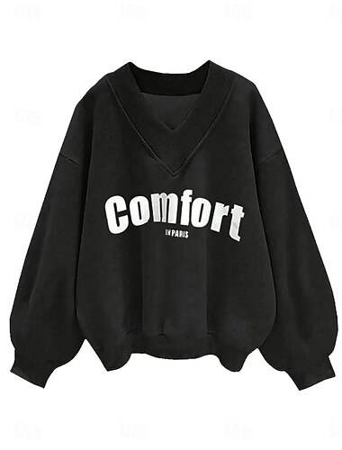  Sweatshirt für Damen, lässig, Buchstaben, Street, Alltagskleidung, V-Ausschnitt, Print, langärmelig, schwarz, lila, grau, Herbst, Winter